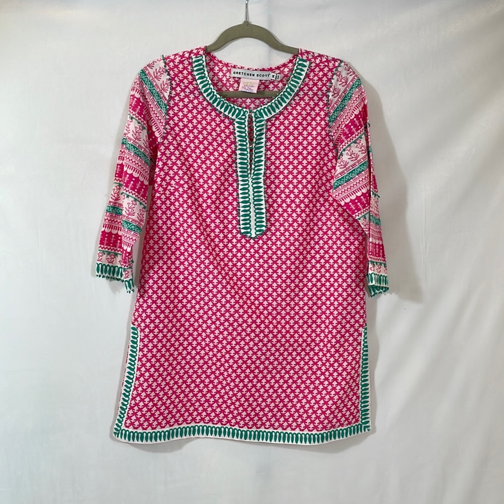 Gretchen Scott Tunic Coverup Size M Pink and Turquoise With Beading EUC